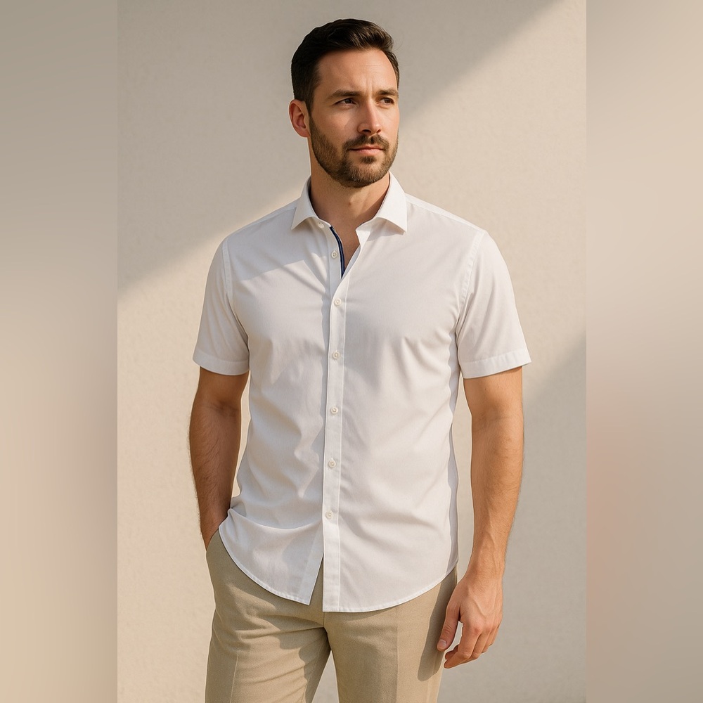 Bugatchi White Short-Sleeve Button-Up Shirt Shaped Fit 100% Cotton Luxury Size L